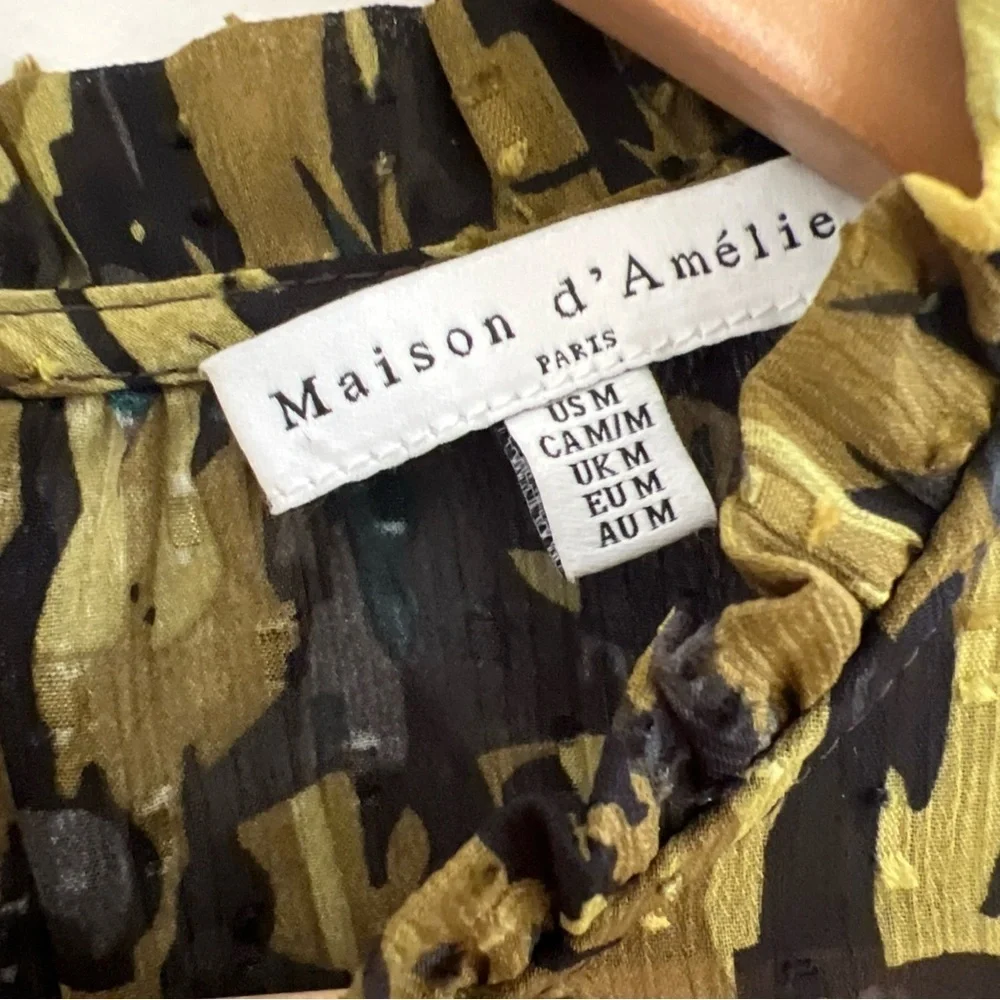 Maison D'Amelie Green Black Floral Long Sleeve Flowy Top Medium Ruffle
